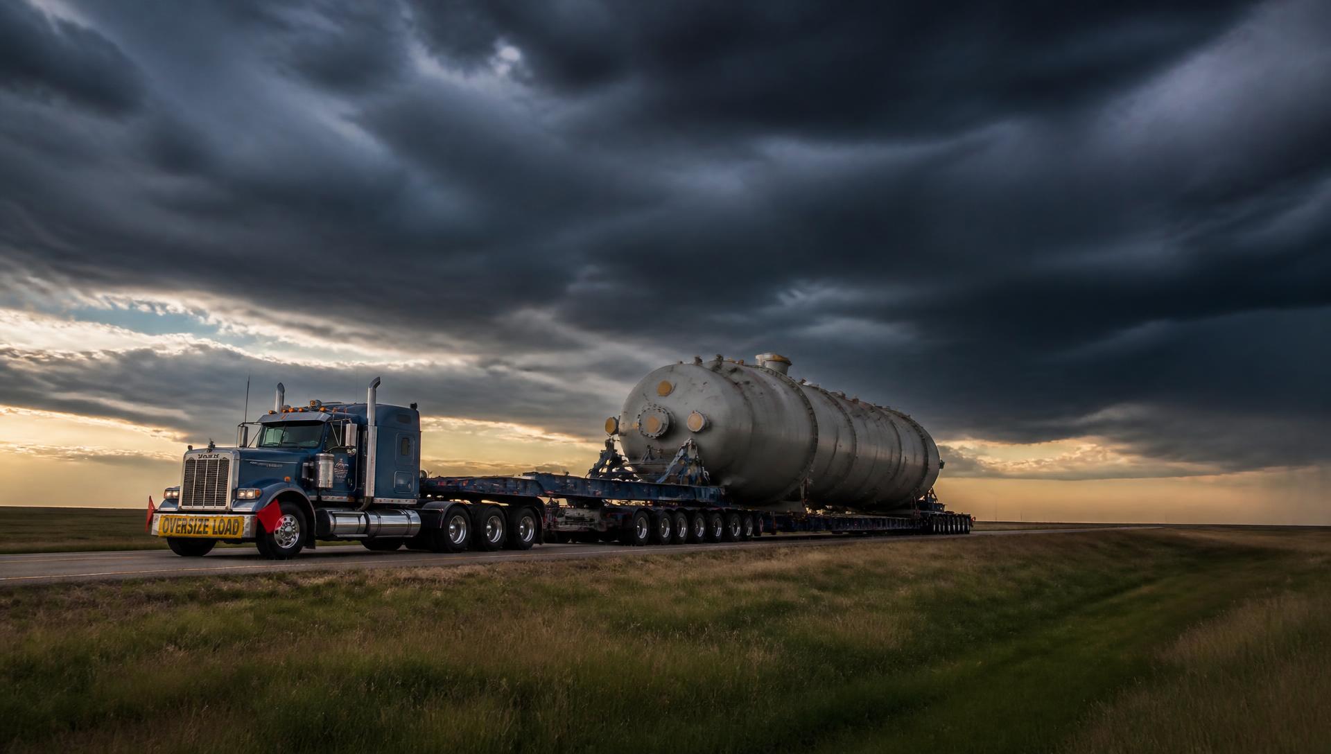 Heavy haul truck transporting an oversized industrial vessel across open plains